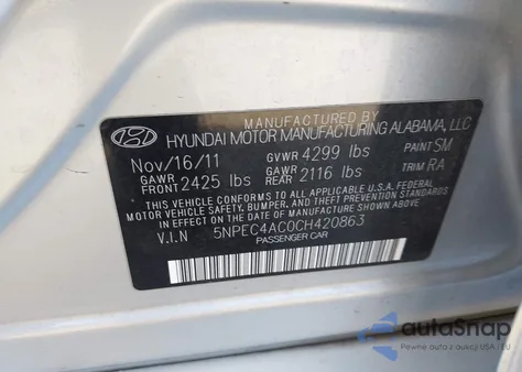 2012 Hyundai Sonata Limited z USA, uszkodzony, nr VIN 5NPEC4AC0CH420863
